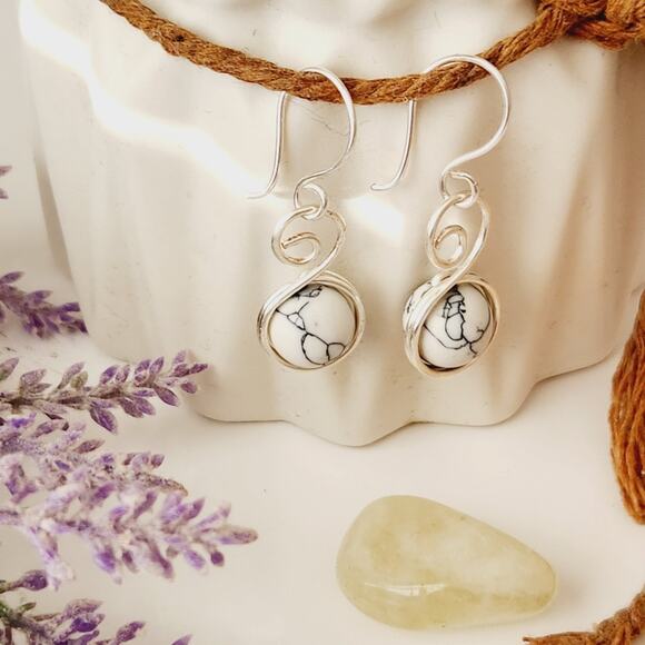 White Howlite Stone Bead Earrings / Silver-plated Wire Wrapped Earrings - Picture 1 of 7